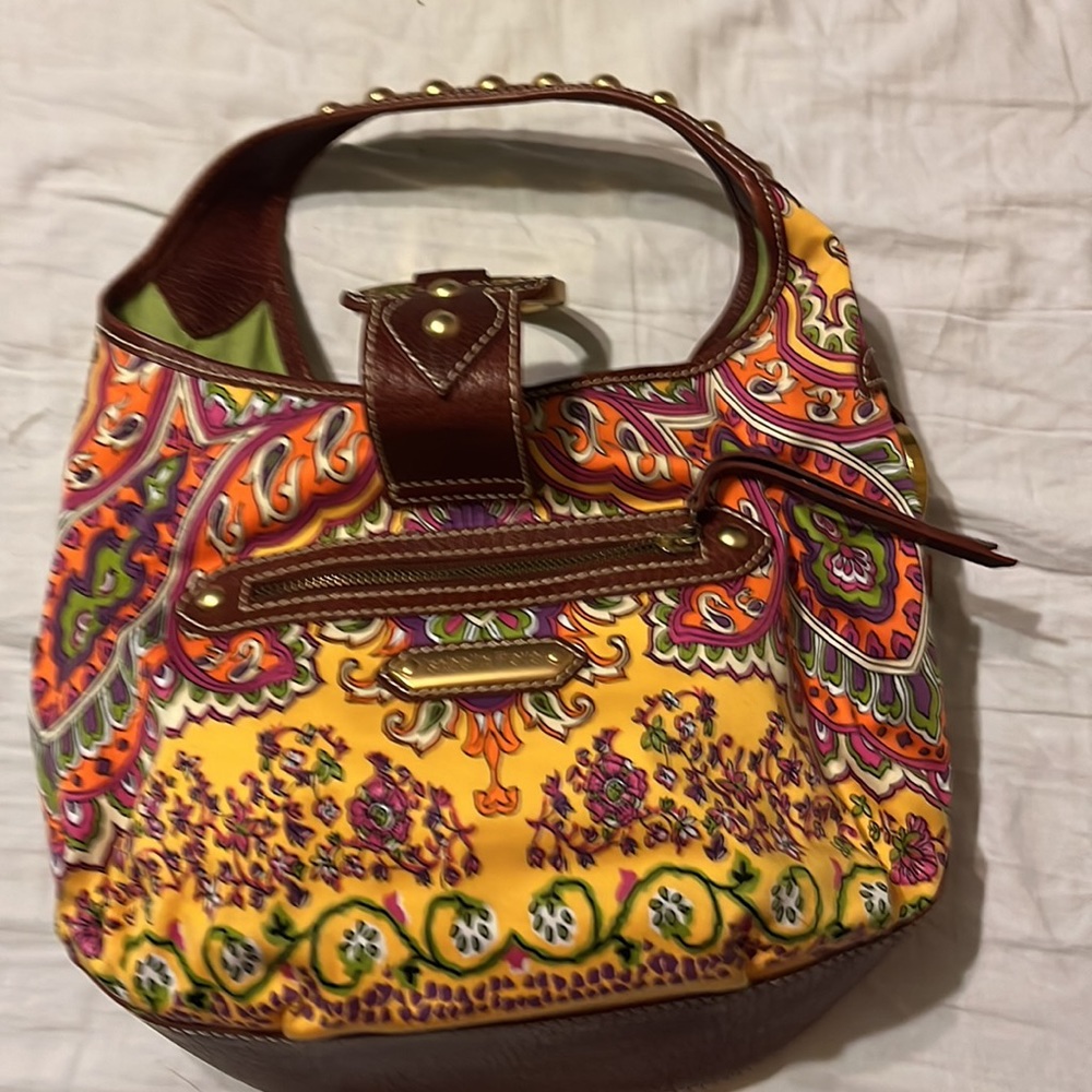 Isabella Fiore Cheerful Fabric and Leather Brass Studded Baguette Shoulder Bag - Picture 5 of 16